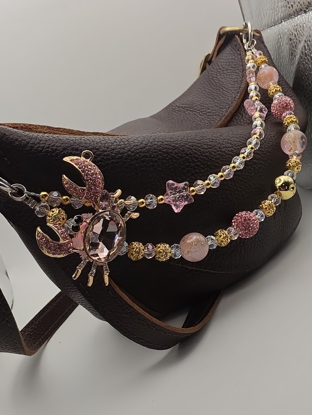 Crabby Crystal Pink Beaded Bag Strap with Gold Accents (Bag Not Incl.)